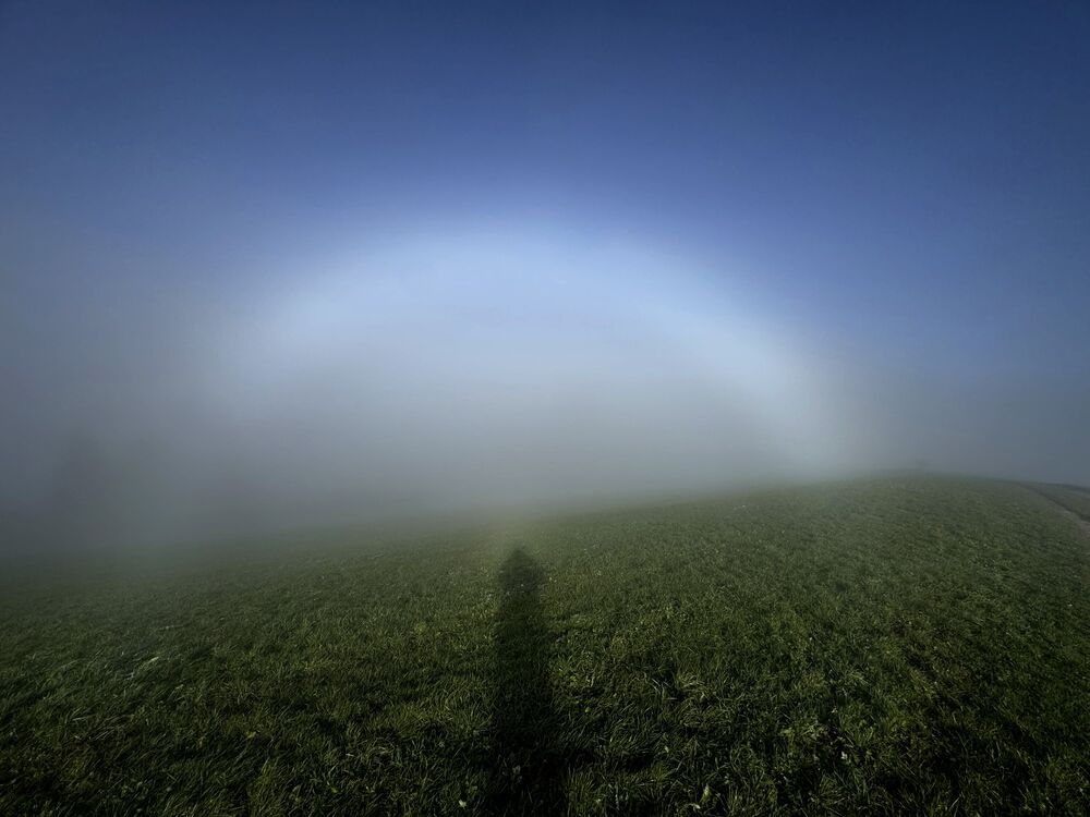 Anfang Dezember war das Wetter in der Höhe sonnig, während über den tiefen Lagen Nebel lag. So war am 1.12. in Grub SG ein weisser Regenbogen im Nebel, ein sogenannter Nebelbogen sichtbar.